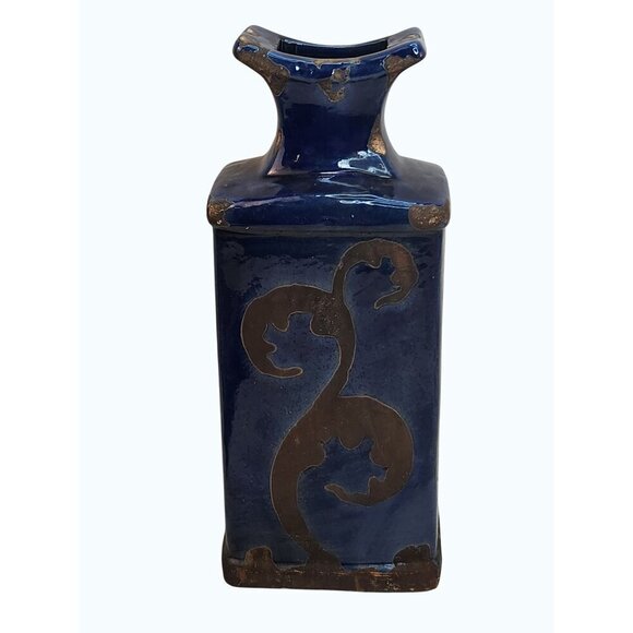Blue & Black Rectangular Ceramic Vase With Decorative Scroll Design - Picture 7 of 7